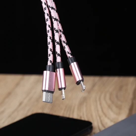 Cable de datos de nailon ecológico tres en uno de 1,5 m, adecuado para Android/iPhone y otros dispositivos USB